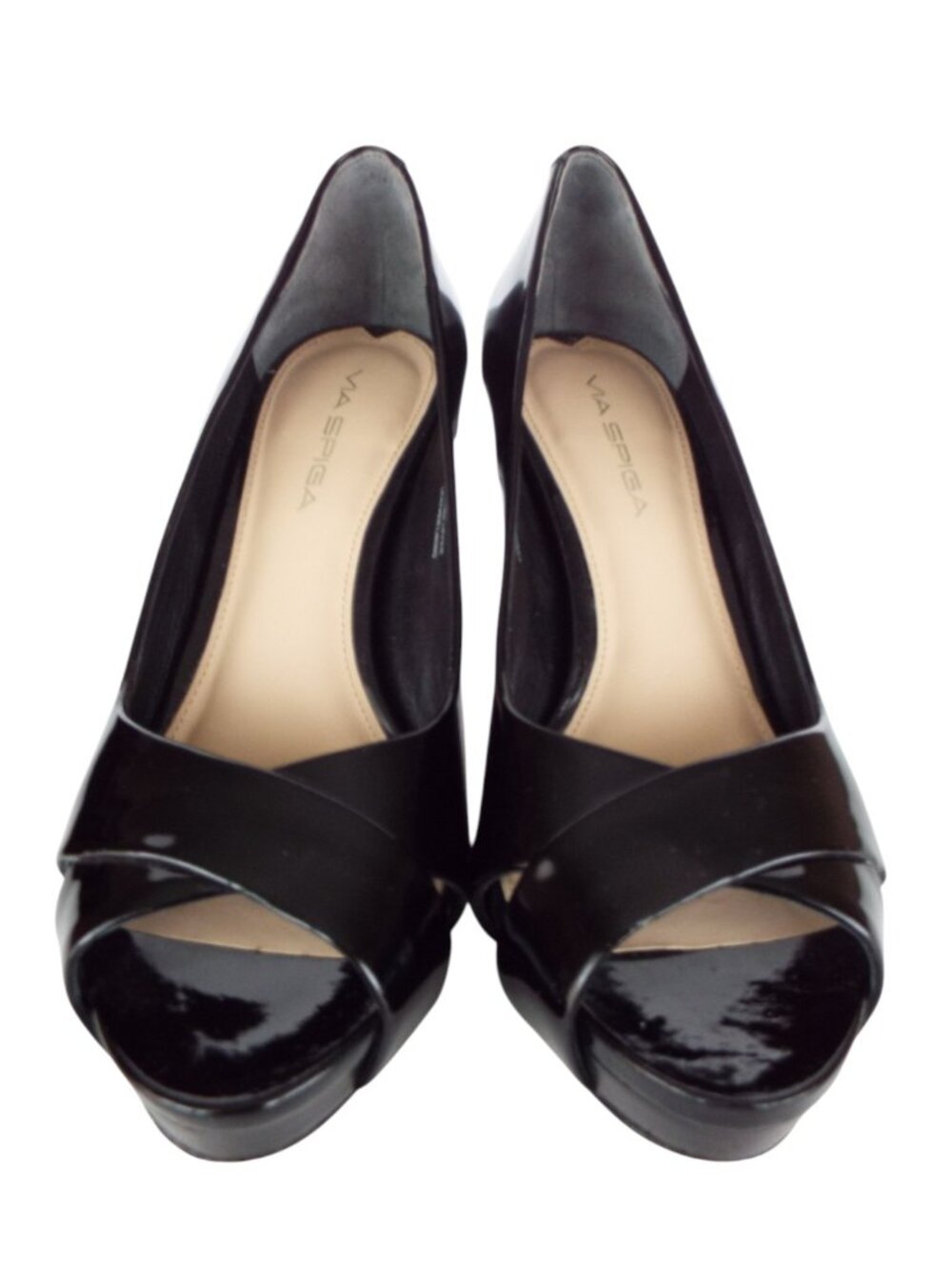 VIA SPIGA Black Patent Leather Open Toe Crisscross Platform Heel Pumps 7